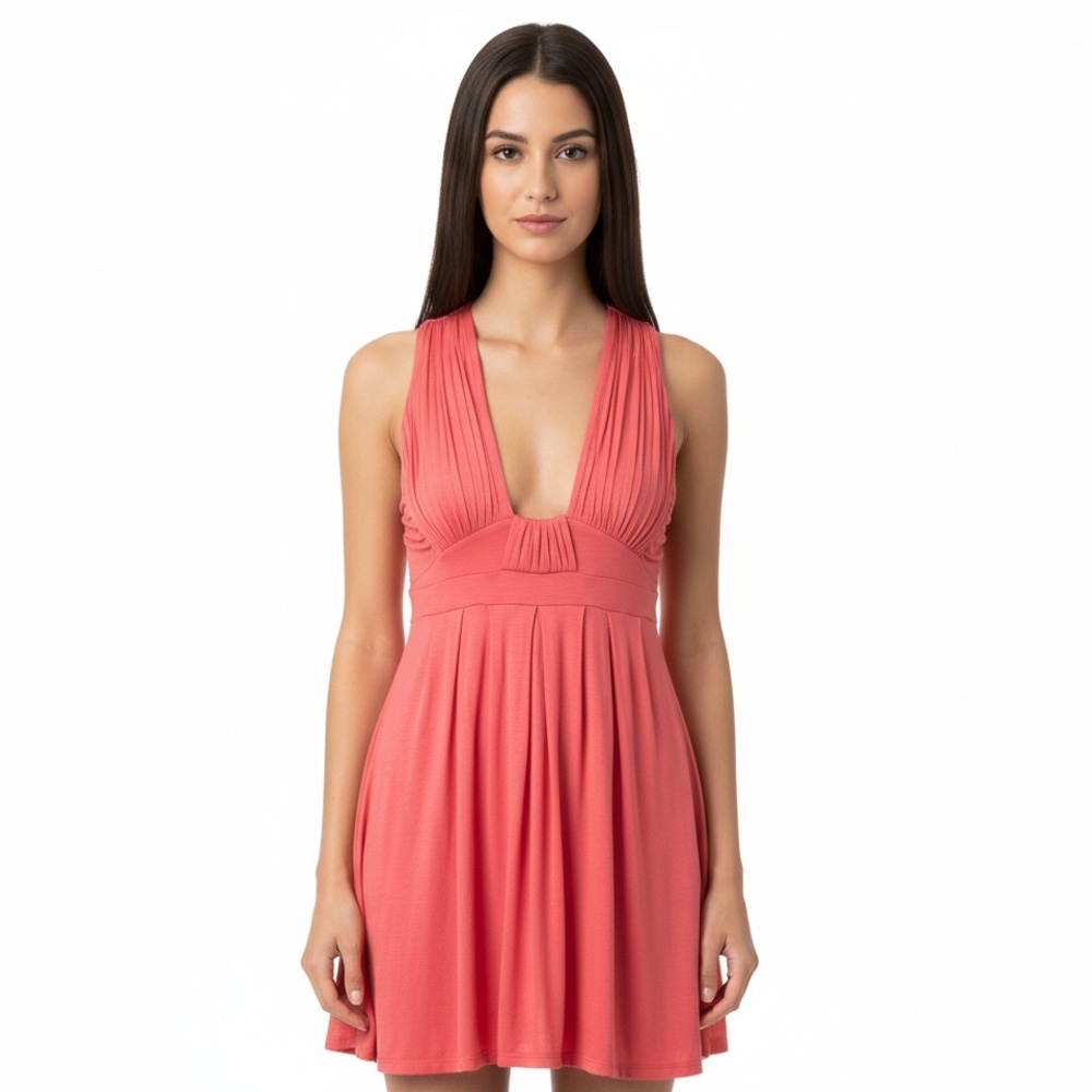 Zara Collection Tunic Top Medium Coral Boho Chic Pleated V-Neck‎ Sleeveless